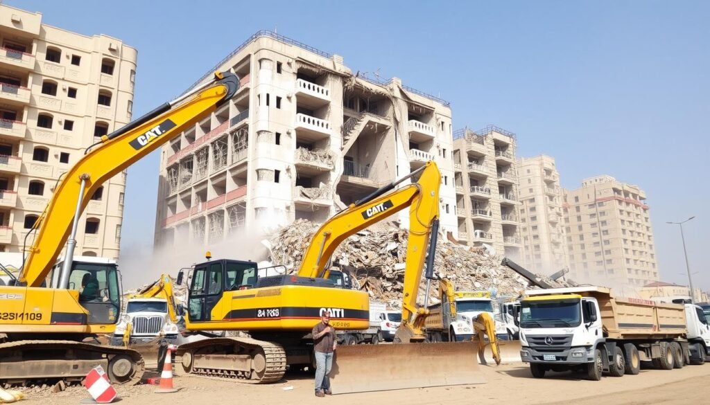 معدات ثقيلة تستخدم في عمليات تكسير وهدم حولي للمباني الكبيرة