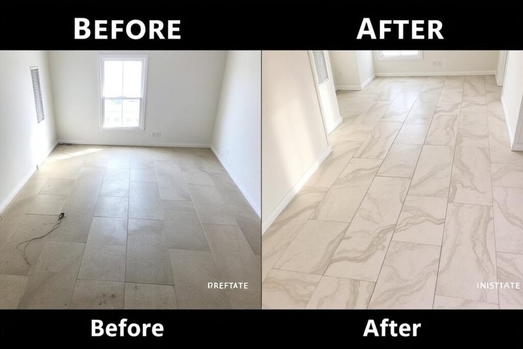 مقارنة بين غرفة قبل وبعد تركيب أعمال البلاط