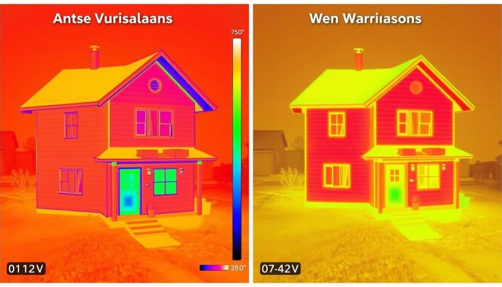 مقارنة بين منزل معزول وغير معزول في الدسمة مع توضيح الفرق في درجات الحرارة