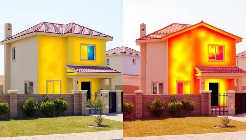 مقارنة بين منزل معزول وغير معزول في منطقة الفنطاس توضح الفرق في درجات الحرارة