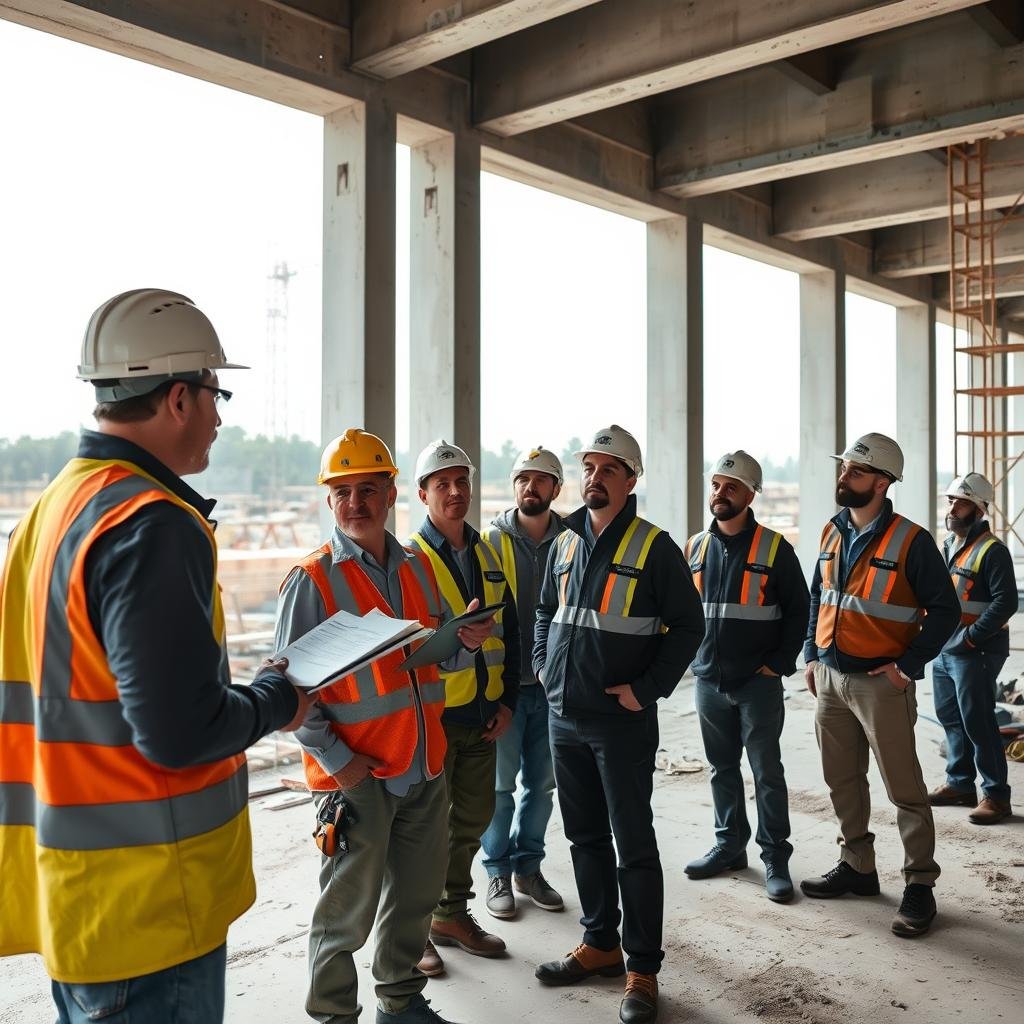 مقاول بناء يتابع أعمال البناء الهيكلية مع فريق العمل