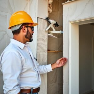 مقاول بناء يشرف على أعمال التشطيبات النهائية للمبنى