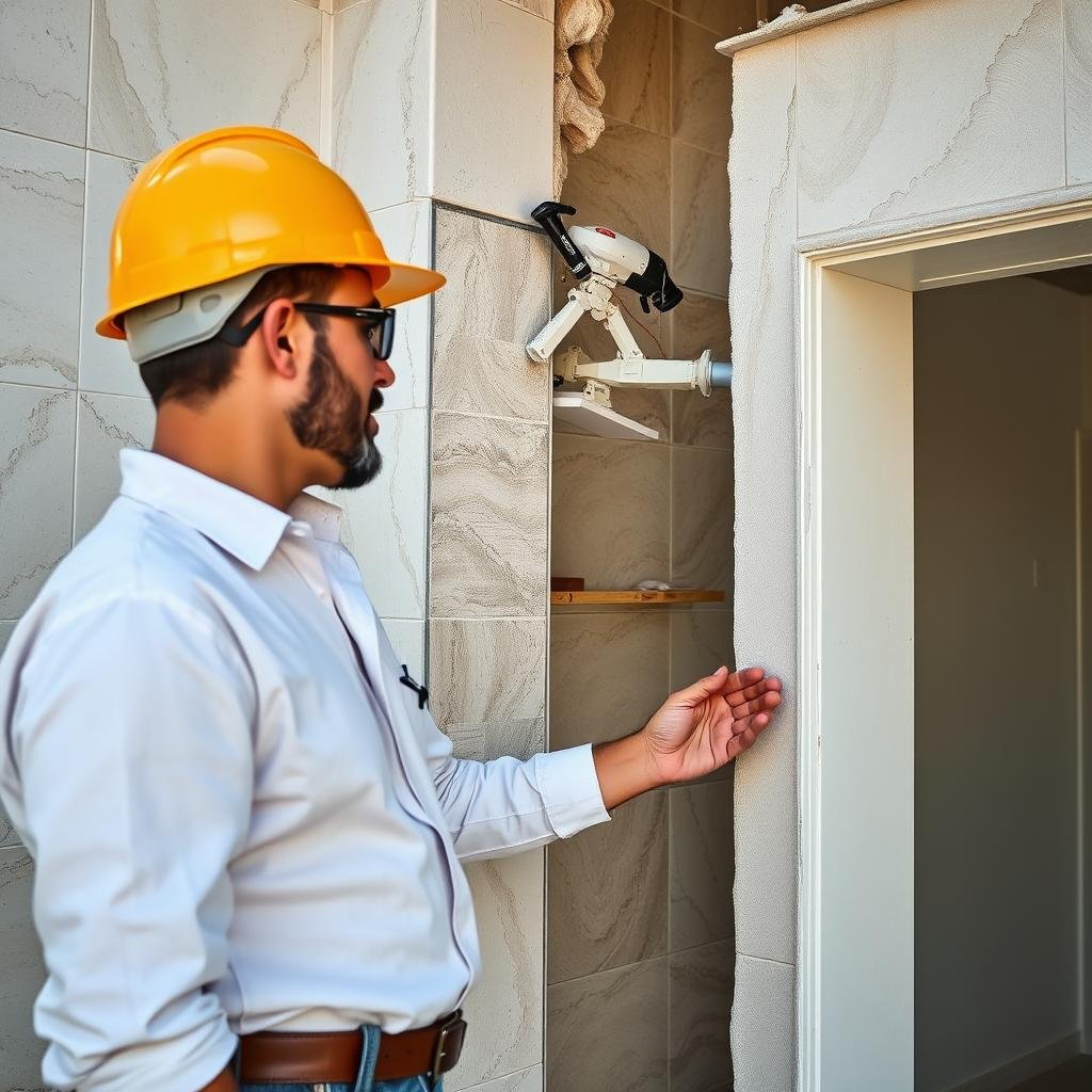 مقاول بناء يشرف على أعمال التشطيبات النهائية للمبنى