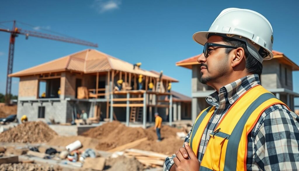 مقاول بناء يشرف على عملية تنفيذ مشروع إنشائي بمراحله المختلفة