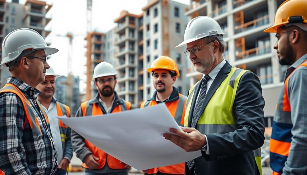 مقاول بناء يشرف على موقع إنشائي مع فريق من العمال والمهندسين
