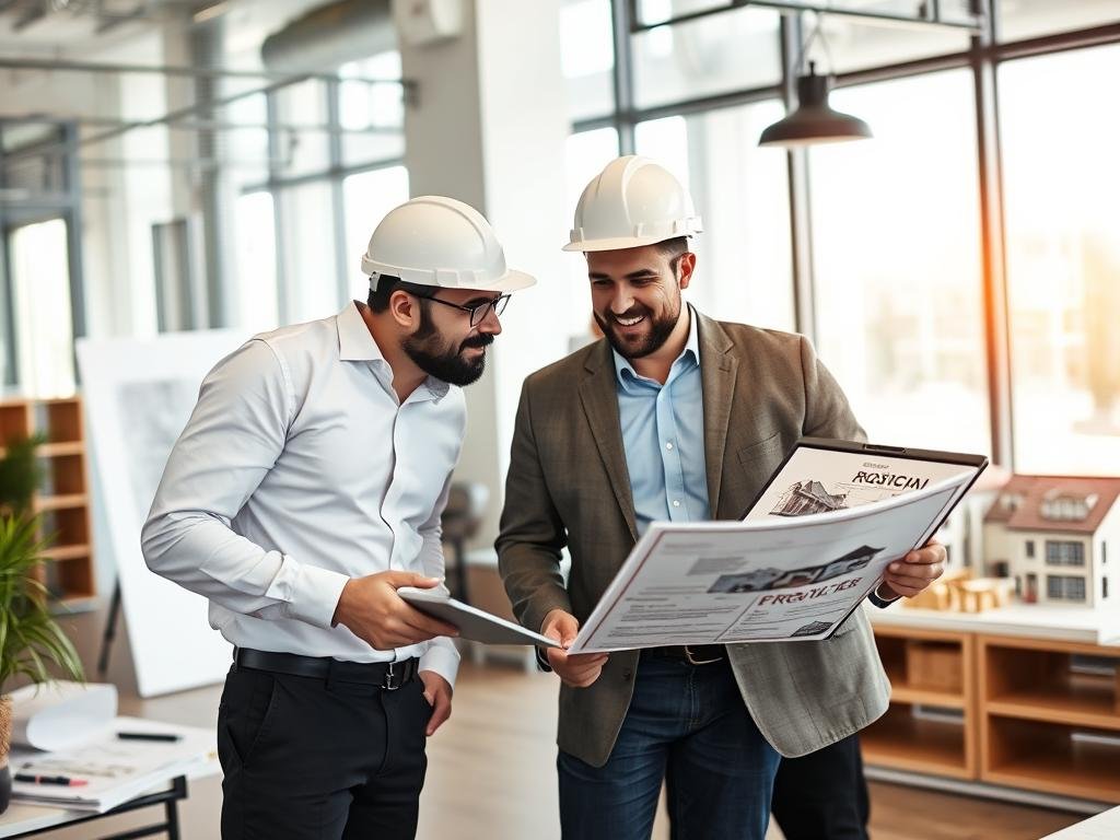 مقاول بناء يناقش خطط المشروع مع العميل ويستعرض نماذج من أعماله السابقة