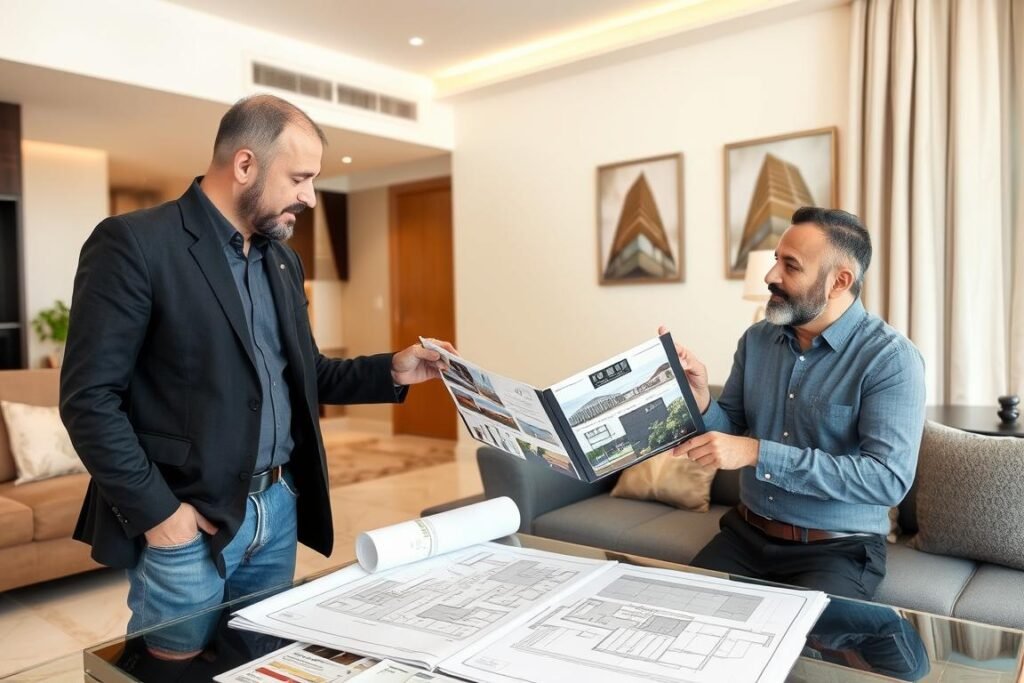 مقاول ترميم الرميثية يناقش خطة مشروع مع العميل ويعرض نماذج من أعماله السابقة