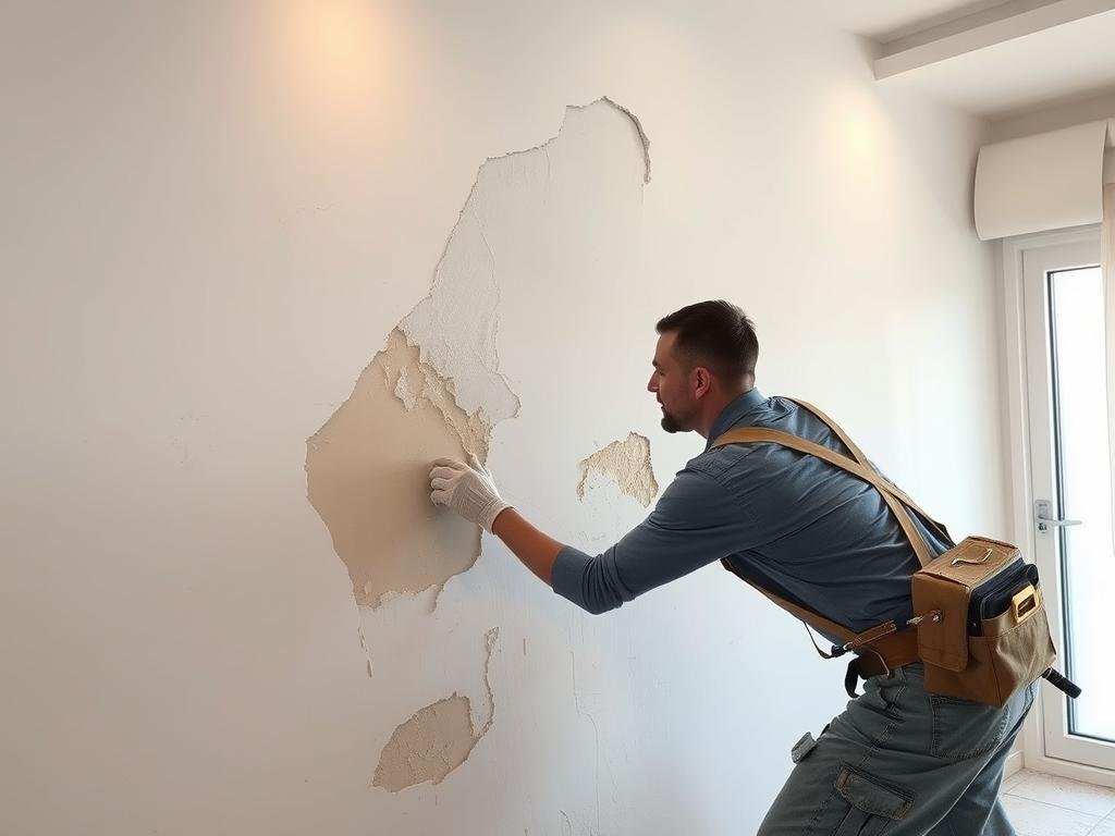 مقاول ترميم يقوم بإصلاح جدران منزل متضررة