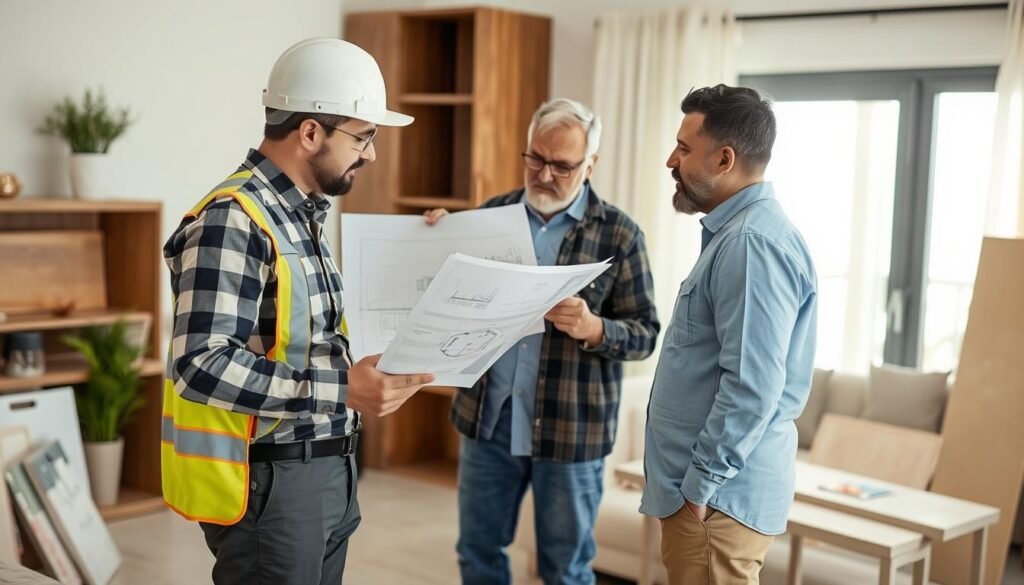 مقاول ترميمات محترف يناقش خطة مشروع مع عميل في حولي