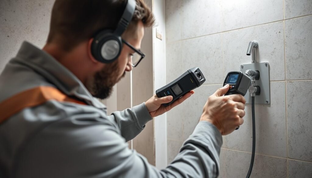 مقاول تشطيب يفحص تسربات المياه في حمام قيد التشطيب