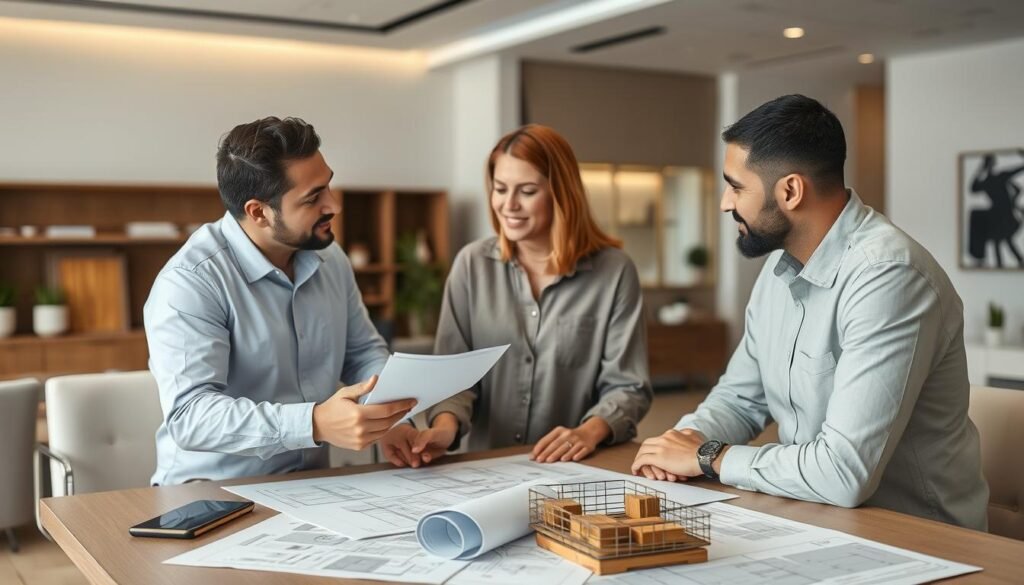 مقاول تشطيب يناقش خطط التصميم مع العميل ويعرض عينات من المواد