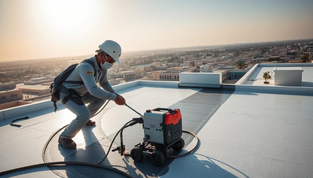 مقاول عازل أسطح الأحمدي يقوم بتطبيق مواد عازلة على سطح منزل