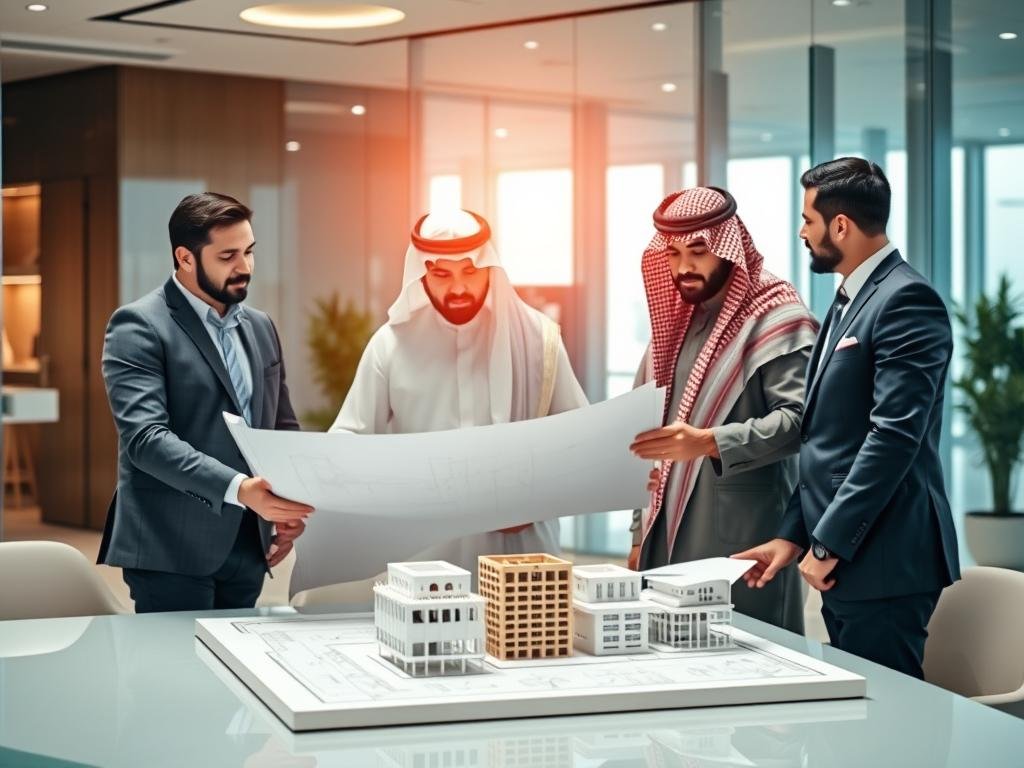مقاول عام يراجع مخططات البناء مع المهندسين المعماريين