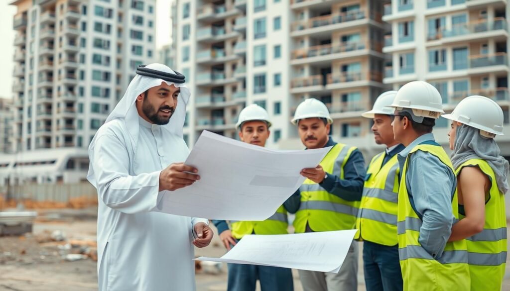 مقاول عام يشرف على موقع بناء مع فريق من المهندسين والعمال