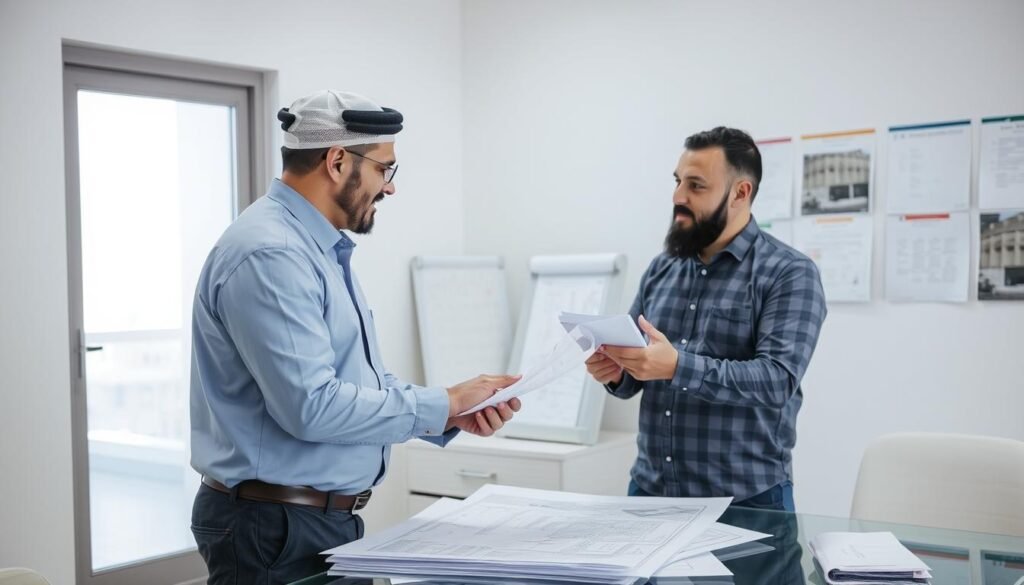 مقاول عزل أسطح محترف يقدم استشارة لعميل في منطقة الفنطاس