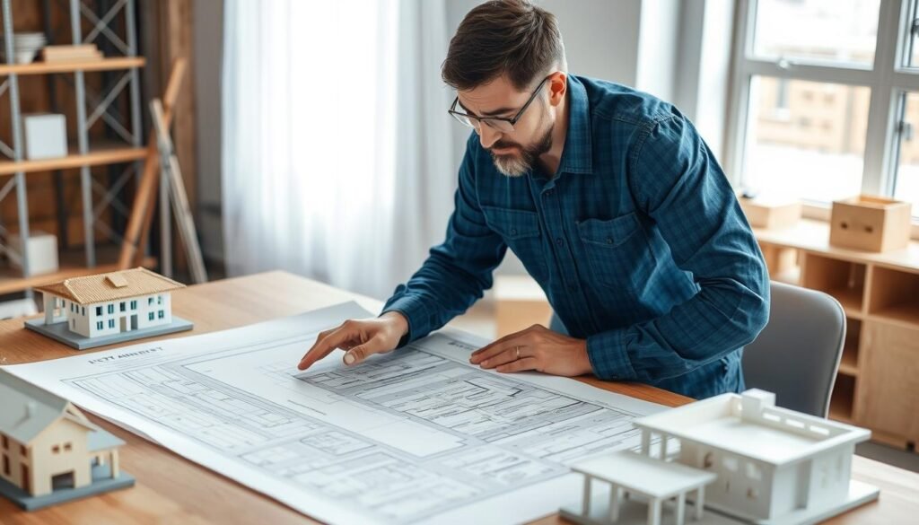 مقاول عظم محترف يناقش المخططات الهندسية مع العميل قبل بدء المشروع