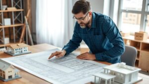 مقاول عظم محترف يناقش المخططات الهندسية مع العميل قبل بدء المشروع