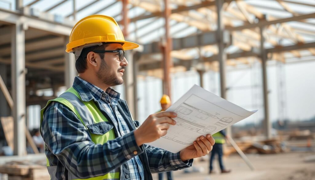 مقاول عظم يشرف على موقع بناء مع فريق العمل والمخططات الهندسية