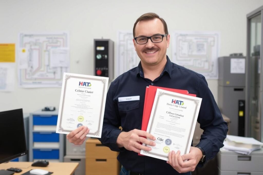 مقاول كهرباء يحمل شهادات اعتماد ورخص مهنية