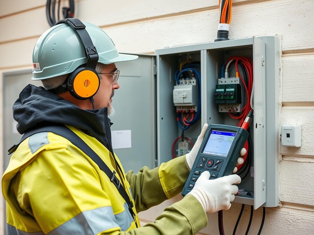 مقاول كهرباء يستخدم معدات قياس لفحص سلامة النظام الكهربائي