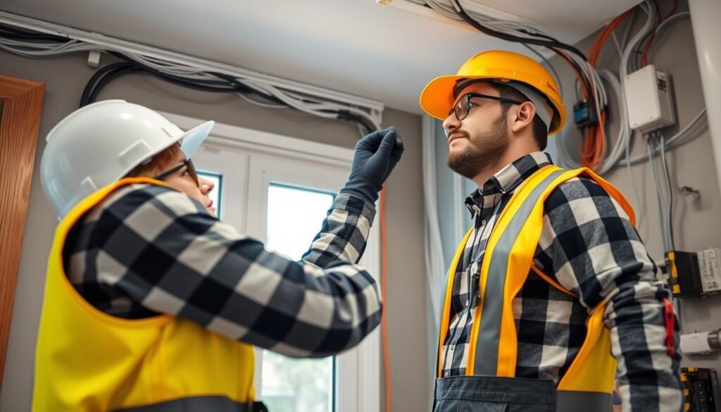 مقاول كهرباء يقوم بتركيب نظام كهربائي في منزل حديث