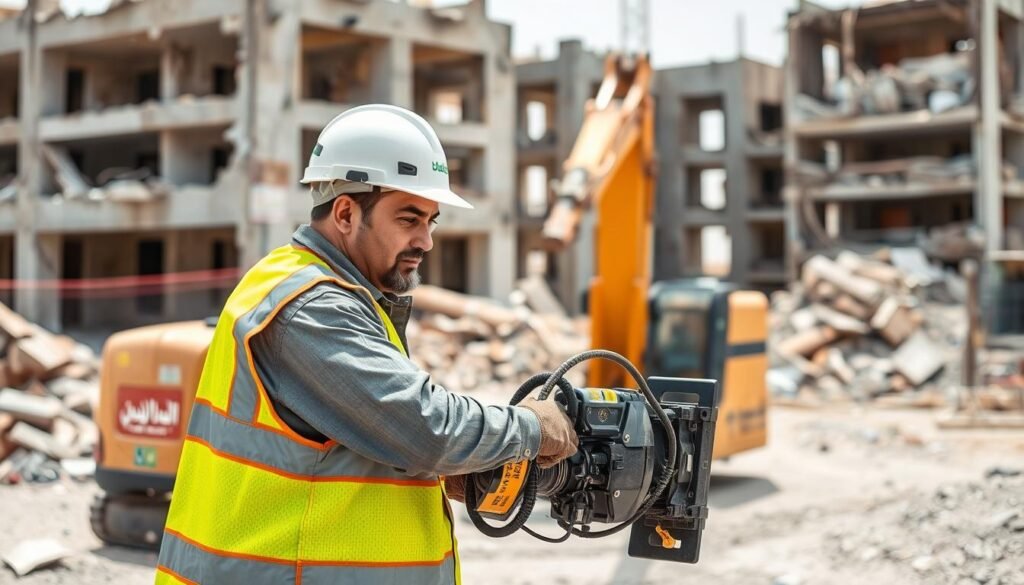 مقاول هدم يستخدم معدات متطورة في موقع عمل