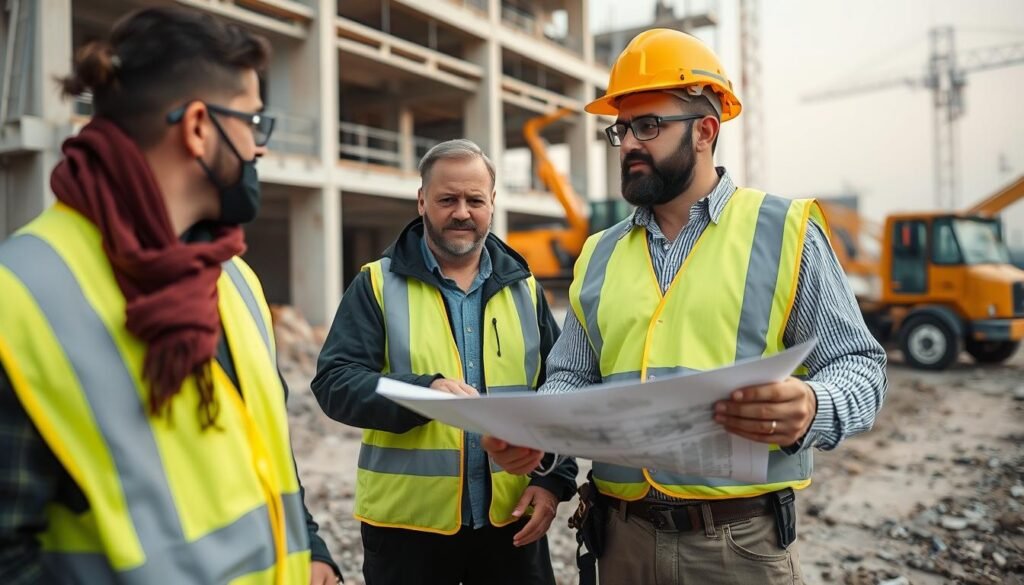 مقاول هدم يناقش خطة العمل مع العميل في موقع البناء