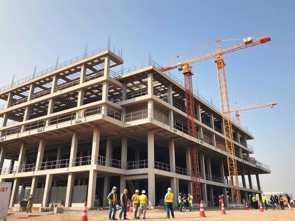 مقاولات إنشائية في الكويت تظهر عمال البناء في موقع إنشاء مبنى حديث