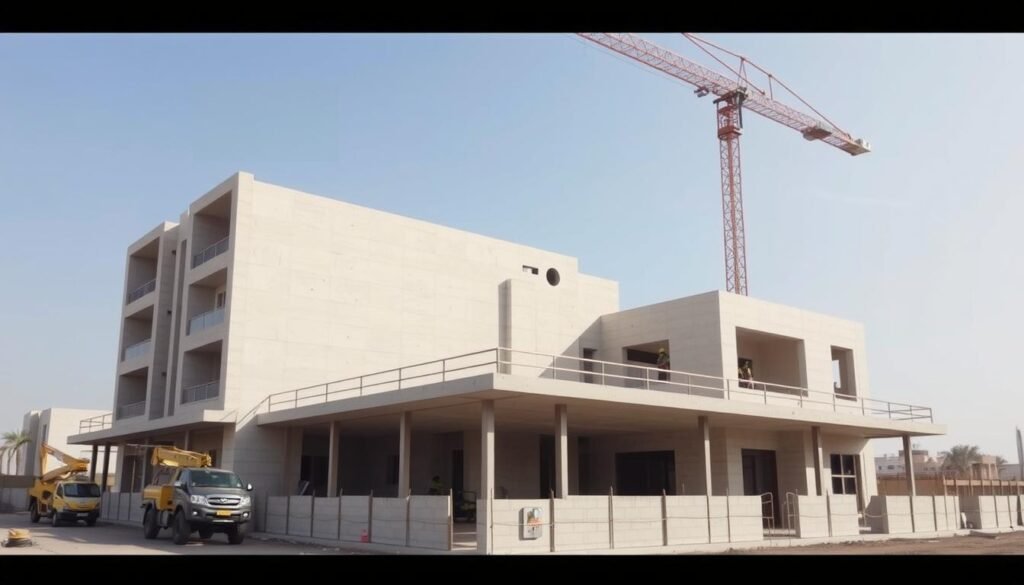 مقاولات بناء لمشروع سكني حديث في مراحل الإنشاء