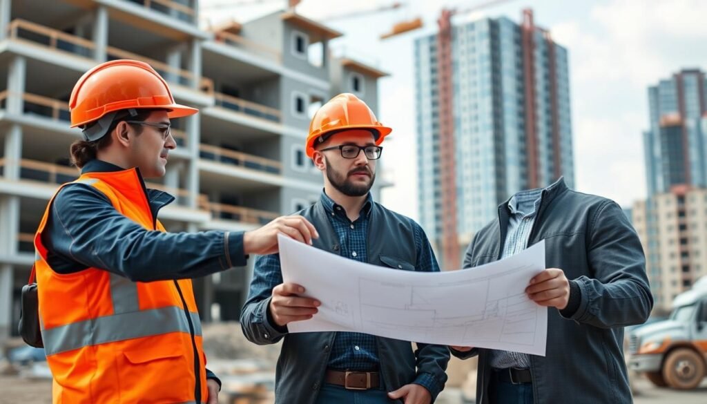 مقاولات عامة - مهندسون يراجعون مخططات البناء في موقع إنشاء