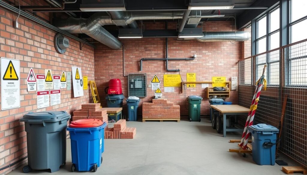 منطقة عمل منظمة ومؤمنة لتكسير الطوب مع وجود علامات تحذيرية