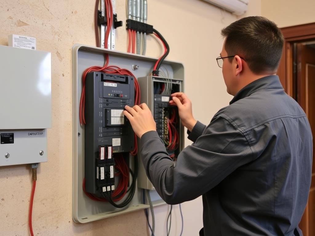 مهندس كهرباء يقوم بتحديث لوحة الكهرباء الرئيسية في فيلا بمنطقة كيفان ضمن مشروع ترميم شامل