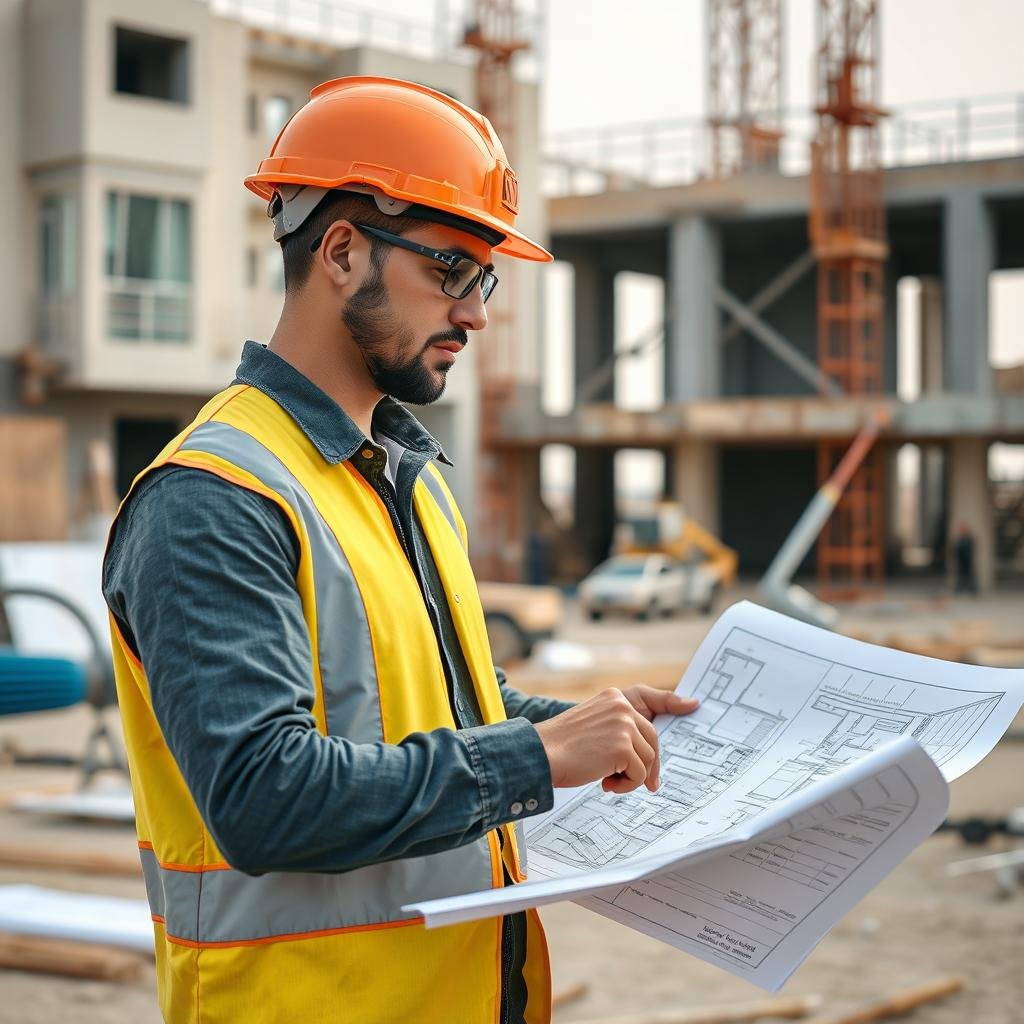 مهندس مقاولات يراجع مخططات البناء في موقع الإنشاء