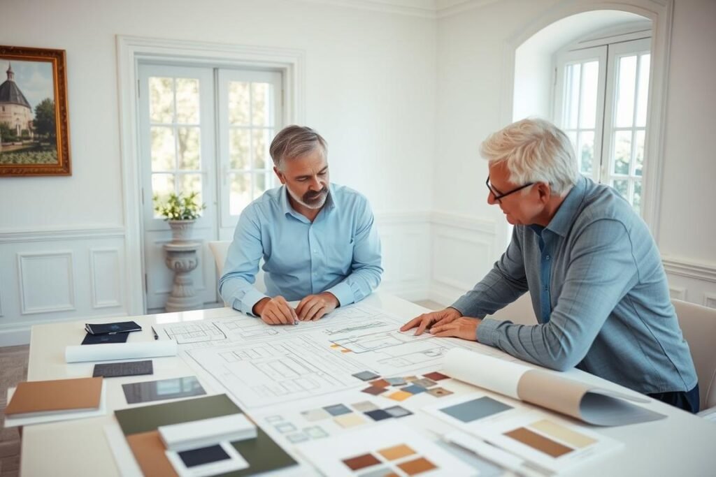 مهندس ومالك فيلا يناقشان خطة ترميم مع رسومات ومخططات