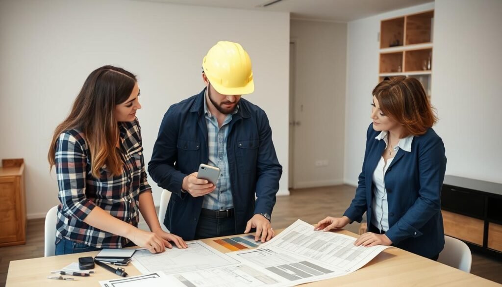 مهندس ومقاول يناقشان خطة تشطيب شقق مع العميل