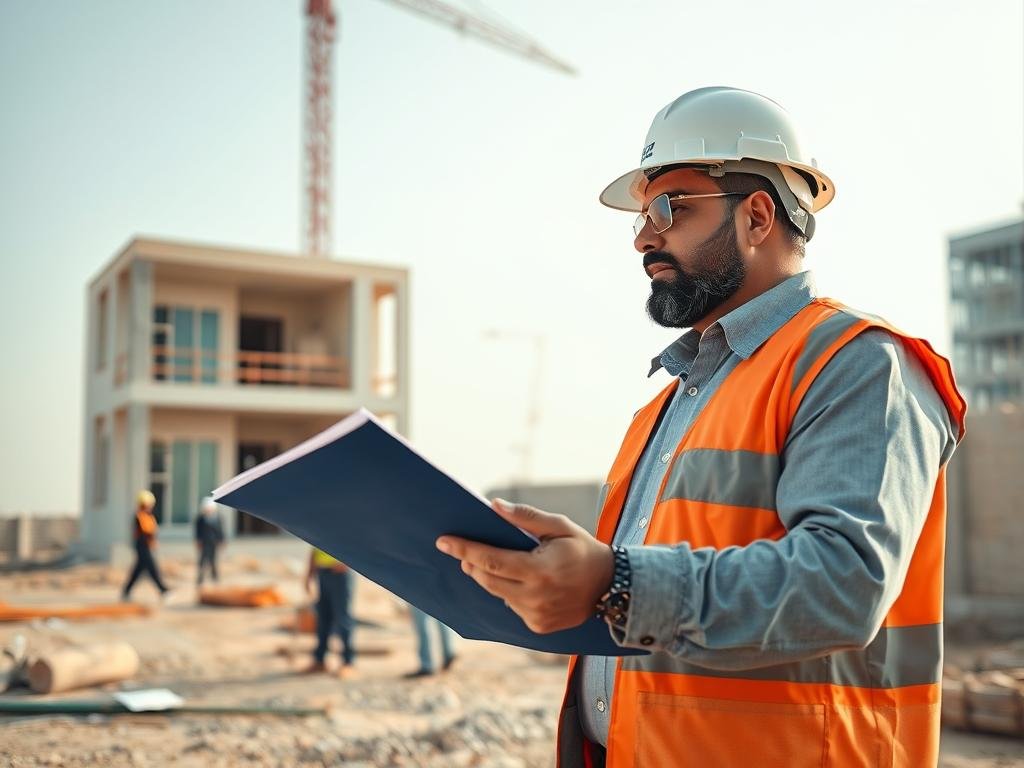 مهندس يشرف على أعمال البناء في موقع إنشاء في الكويت