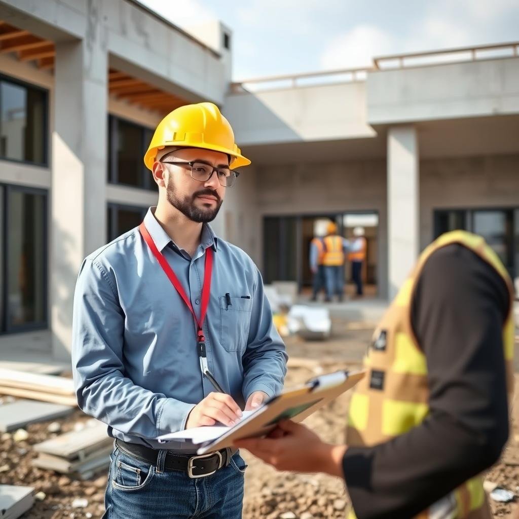 مهندس يفحص جودة التنفيذ في موقع بناء فيلا