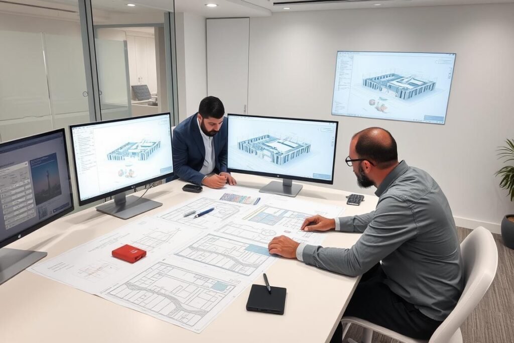 مهندسون يعملون على تصميم وتخطيط مشروع بناء