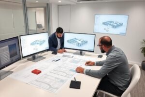 مهندسون يعملون على تصميم وتخطيط مشروع بناء