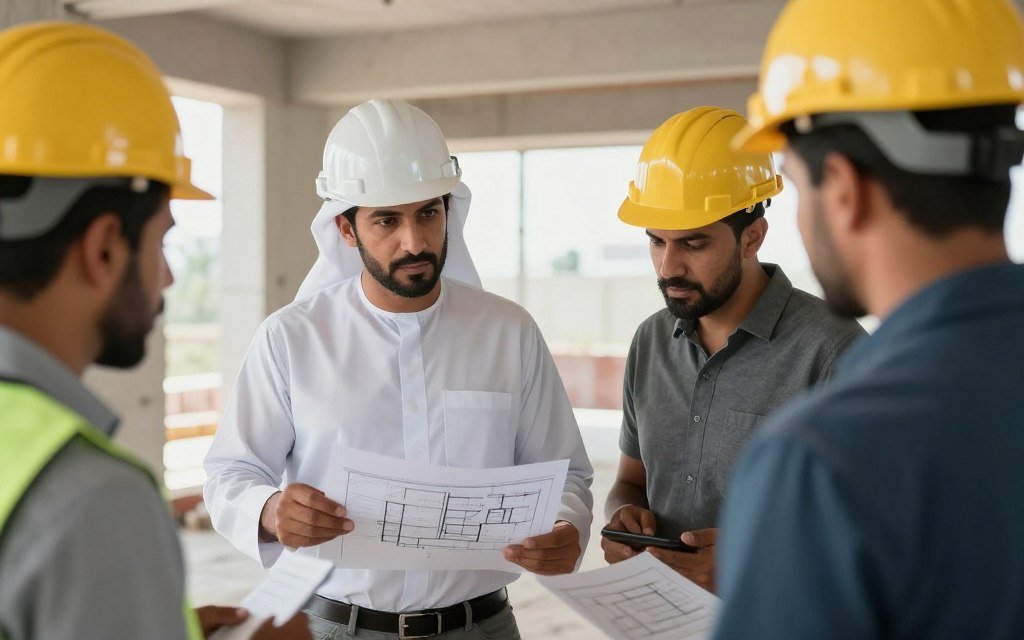 مهندس ومقاول يراجعان مخططات الهيكل الأسود