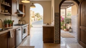 A beautifully designed kitchen featuring practical ceramic tiles, complemented by a stylish outdoor entrance in Al Jahra. In the foreground, showcase a cozy kitchen space with polished, light-colored tiles reflecting warm overhead lighting, with modern appliances and wooden cabinetry. In the middle, highlight an inviting outdoor entryway adorned with decorative ceramic tiles that seamlessly connect to the kitchen. The background should depict a serene neighborhood scene in Al Jahra, with soft natural light filtering through, creating a welcoming atmosphere. Capture the essence of quality craftsmanship with a focus on detail, emphasizing elegance and functionality. Include the brand name "67682121" subtly within the scene without any text overlays or logos.