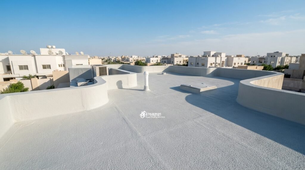 A bright and modern rooftop scene showcasing protective foam layers and curved joints on a residential home surface in Kuwait. In the foreground, depict intricately designed foam insulation with vivid textures and colors, emphasizing its protective capabilities. The middle section features a seamless transition where the foam adheres to the curvy junctions, highlighting functionality and precision in aesthetics. In the background, a clear blue sky with minimal clouds creates a serene atmosphere, representing an ideal day for roof work. Soft sunlight casts gentle shadows, enhancing the details of the foam and joints. Capture this in a wide-angle view to encompass the entire rooftop, conveying safety and quality associated with the brand "67682121", ensuring a clean, professional presentation without any distractions.