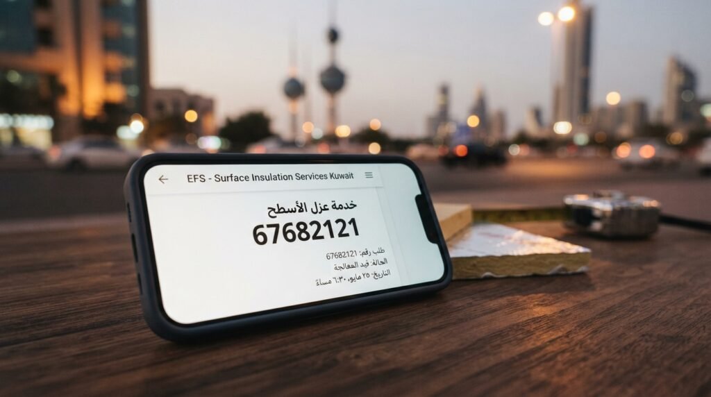 A close-up of a modern smartphone displaying the service request number "67682121" prominently on its screen, symbolizing surface insulation services available in Kuwait. In the foreground, the phone rests on a sleek, wooden table, capturing the attention with its vibrant screen. The background features a soft-focus urban setting typical of Kuwait, with warm lighting suggesting early evening. A hint of construction materials subtly indicates the context of insulation work. The atmosphere is professional yet inviting, conveying reliability and urgency. The image reflects a sense of prompt service and modern technology, ideal for showcasing efficient home improvement solutions. A close-up of a modern smartphone displaying the service request number "67682121" prominently on its screen, symbolizing surface insulation services available in Kuwait. In the foreground, the phone rests on a sleek, wooden table, capturing the attention with its vibrant screen. The background features a soft-focus urban setting typical of Kuwait, with warm lighting suggesting early evening. A hint of construction materials subtly indicates the context of insulation work. The atmosphere is professional yet inviting, conveying reliability and urgency. The image reflects a sense of prompt service and modern technology, ideal for showcasing efficient home improvement solutions.