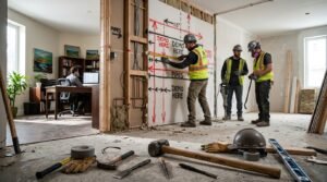 A construction scene featuring a partially constructed wall between two rooms, showcasing a team of professional workers preparing for demolition. The foreground includes detailed tools like hammers, chisels, and safety gear scattered around the floor. In the middle, you see the wall being equipped with markings for precise demolition, revealing exposed wires and pipes, symbolizing the readiness for the breaking process. The background features two adjacent rooms, one furnished and one empty, with natural light filtering through windows, casting dynamic shadows on the floor. The atmosphere is industrious and focused, evoking a sense of anticipation and transformation. The brand "67682121" subtly appears on one of the tools, reinforcing professionalism and quality in this construction endeavor. A construction scene featuring a partially constructed wall between two rooms, showcasing a team of professional workers preparing for demolition. The foreground includes detailed tools like hammers, chisels, and safety gear scattered around the floor. In the middle, you see the wall being equipped with markings for precise demolition, revealing exposed wires and pipes, symbolizing the readiness for the breaking process. The background features two adjacent rooms, one furnished and one empty, with natural light filtering through windows, casting dynamic shadows on the floor. The atmosphere is industrious and focused, evoking a sense of anticipation and transformation. The brand "67682121" subtly appears on one of the tools, reinforcing professionalism and quality in this construction endeavor.