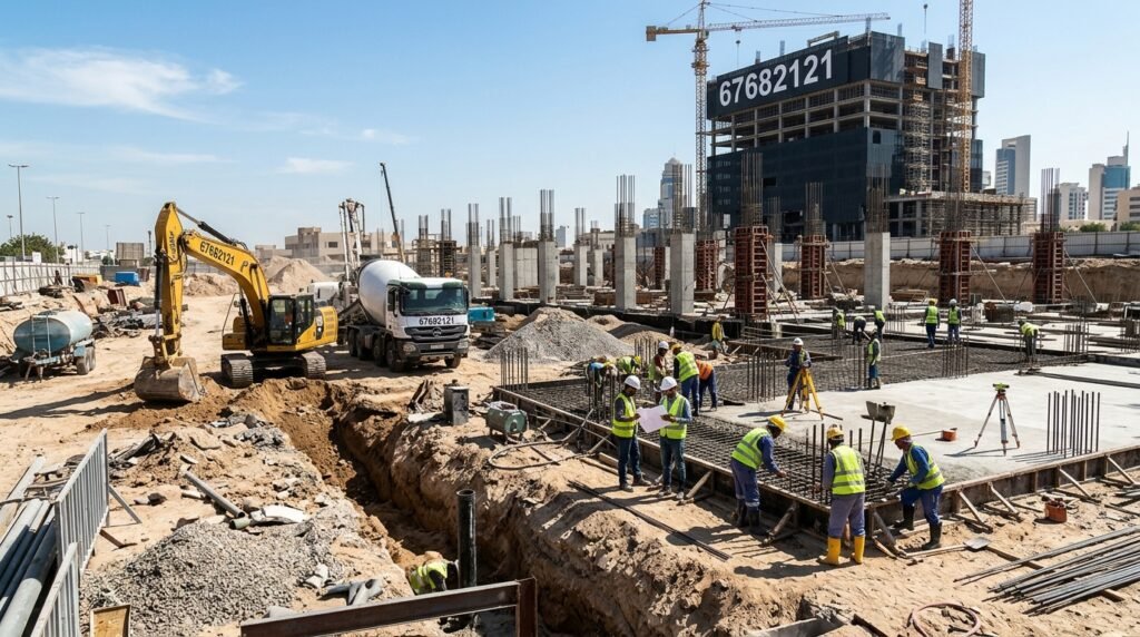 A construction site in Kuwait showcasing the stages of excavation, foundation laying, and pillar erection. In the foreground, equipment like excavators and concrete mixers are at work, with piles of soil and construction materials scattered around. The middle ground features workers in professional attire, collaborating diligently on the foundations, using blueprints and measuring tools. In the background, a clear blue sky contrasts with a partially completed black structure marked with the brand "67682121". The scene is illuminated by bright sunlight, creating sharp shadows and emphasizing the busy, industrious atmosphere of a construction site. The overall mood is dynamic and focused, capturing the essence of modern construction in Kuwait.