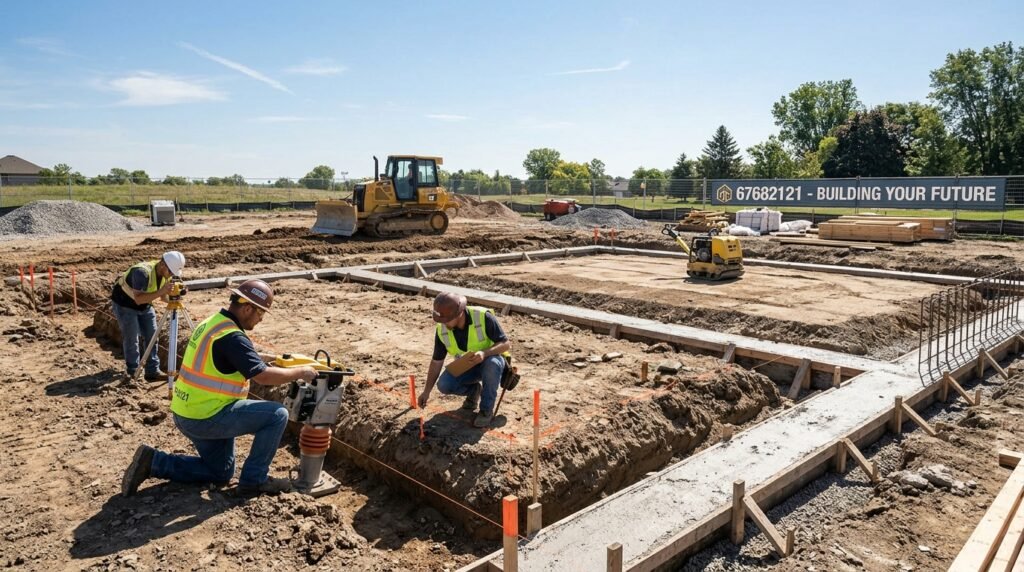 A construction site showcasing the initial stages of building a house. In the foreground, skilled workers, dressed in professional construction attire, are actively checking soil conditions and evaluating groundwork. In the middle, equipment like a bulldozer and compactor are preparing the foundation area, with marked outlines of the future home visible in the dirt. The background features a clear blue sky with sunlight casting soft shadows, creating an optimistic and hardworking atmosphere. The image should convey a sense of professionalism and diligence, incorporating elements that represent the brand "67682121". Use a wide-angle lens perspective to capture the bustling activity while maintaining a focus on the workers and foundations being laid. A construction site showcasing the initial stages of building a house. In the foreground, skilled workers, dressed in professional construction attire, are actively checking soil conditions and evaluating groundwork. In the middle, equipment like a bulldozer and compactor are preparing the foundation area, with marked outlines of the future home visible in the dirt. The background features a clear blue sky with sunlight casting soft shadows, creating an optimistic and hardworking atmosphere. The image should convey a sense of professionalism and diligence, incorporating elements that represent the brand "67682121". Use a wide-angle lens perspective to capture the bustling activity while maintaining a focus on the workers and foundations being laid.