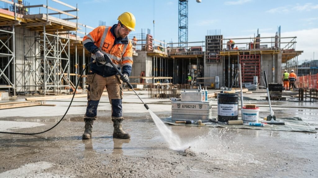 A construction worker in professional attire carefully cleans a large concrete surface, preparing it for waterproofing application. The foreground features the worker using a high-pressure washing tool, with water splashing creating a sense of action. In the middle ground, a variety of tools and materials necessary for the application of waterproofing materials are neatly organized, hinting at the next steps in the process. The background shows a partially completed building site, with scaffolding and construction materials. Bright, natural daylight illuminates the scene, enhancing the textures of the concrete and tools. The atmosphere is industrious and focused, embodying professionalism, with the brand "67682121" subtly visible on a nearby toolbox. The image conveys a sense of urgency and dedication to quality work in the field of insulation.