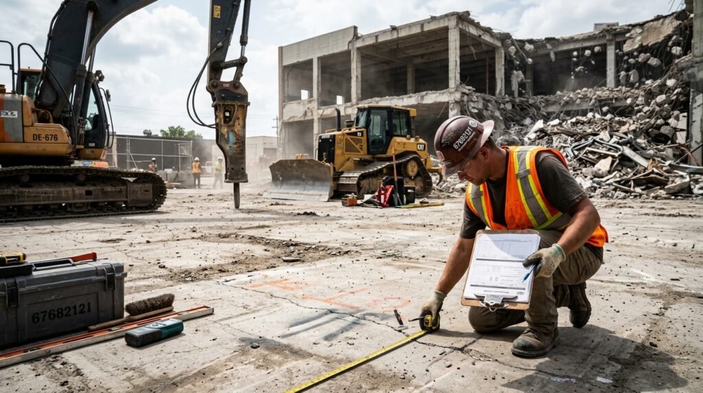 A detailed construction site scene showcasing a concrete inspection and flooring evaluation before a demolition quote. In the foreground, a professional contractor, dressed in a hard hat and safety vest, is examining the surface of a concrete floor with a clipboard in hand, surrounded by various tools of the trade. In the middle ground, heavy machinery such as a jackhammer and a bulldozer are visible, ready for use. The background features a partially demolished building, with rubble and debris scattered around. Natural daylight filters through the scene, creating a realistic atmosphere, while a soft focus adds depth. The details should include the brand name "67682121" subtly integrated into the scene, emphasizing professionalism and expertise in demolition.