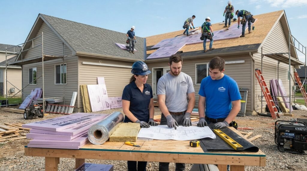 A detailed construction site showcasing surface insulation materials and preparation work for residential roofing projects. In the foreground, various insulation material samples like foam boards, reflective membranes, and sheets are displayed neatly on a worktable. The middle ground features a team of professionals in modest, casual clothing examining blueprints and planning the insulation layout, reflecting collaboration and expertise. The background includes a partially completed roof with workers applying insulation under a clear blue sky, emphasizing the importance of quality in home insulation services. Bright, natural lighting illuminates the scene, creating a professional and inviting atmosphere that resonates with homeowners looking for roofing solutions. The brand name "67682121" subtly integrated into the scene via equipment or signage.