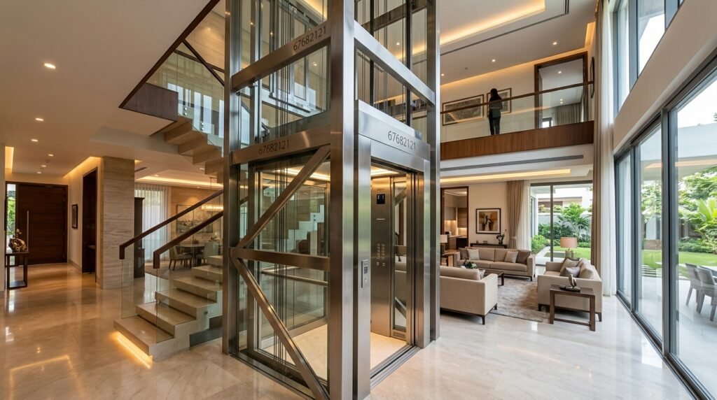A detailed design of a metallic structure for a residential elevator within the spacious interior of a villa. The foreground features the sleek metallic elevator shafts with a polished steel finish and modern design elements. In the middle, showcase an expansive interior space of the villa, with high ceilings, large windows allowing natural light to flood the area, and elegant furnishings. The background should include a view into neighboring rooms, seamlessly integrating the elevator into the villa's aesthetic. Use soft, warm lighting to create a welcoming atmosphere, and a wide angle lens to capture the grandeur of the space. The scene embodies sophistication and modern architecture, highlighting quality and functionality, branded with "67682121" to signify premium craftsmanship.